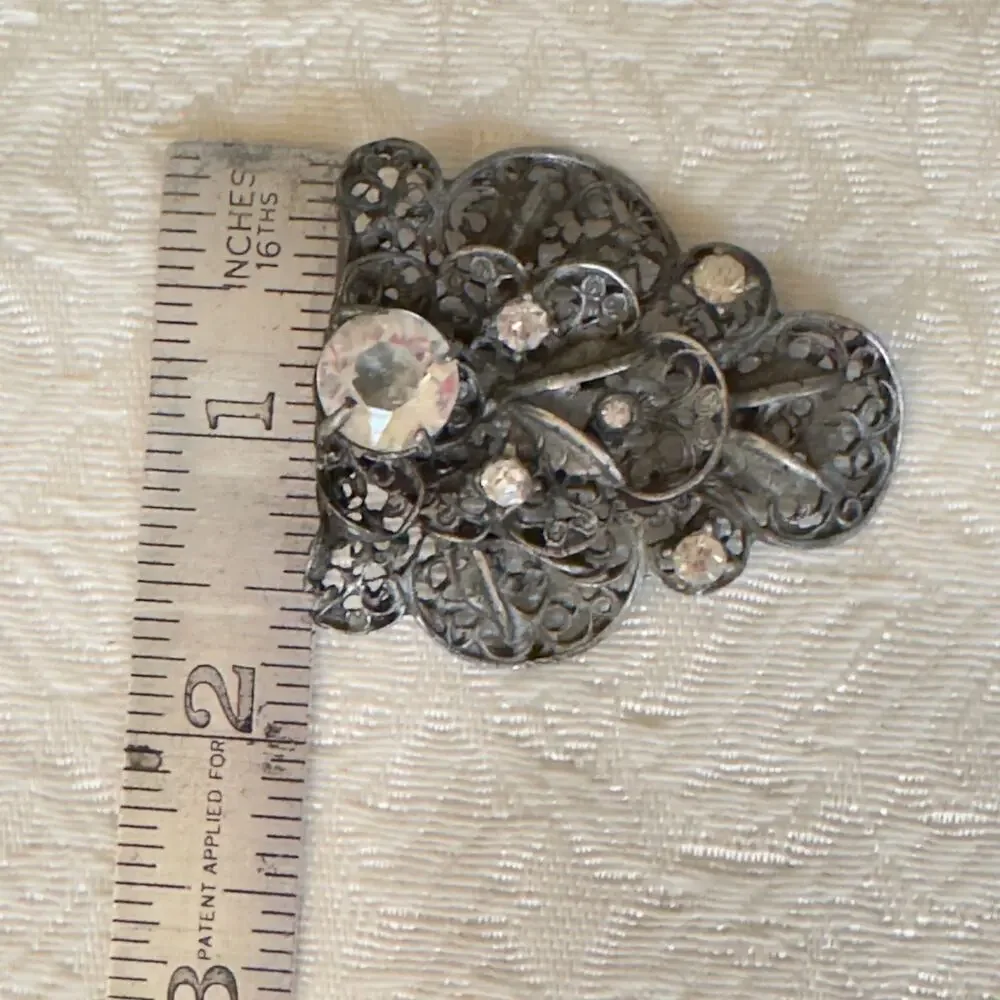 Vintage Art Nouveau Rhinestone Pot Metal Filigree and Flowers Dress Clip 1940s